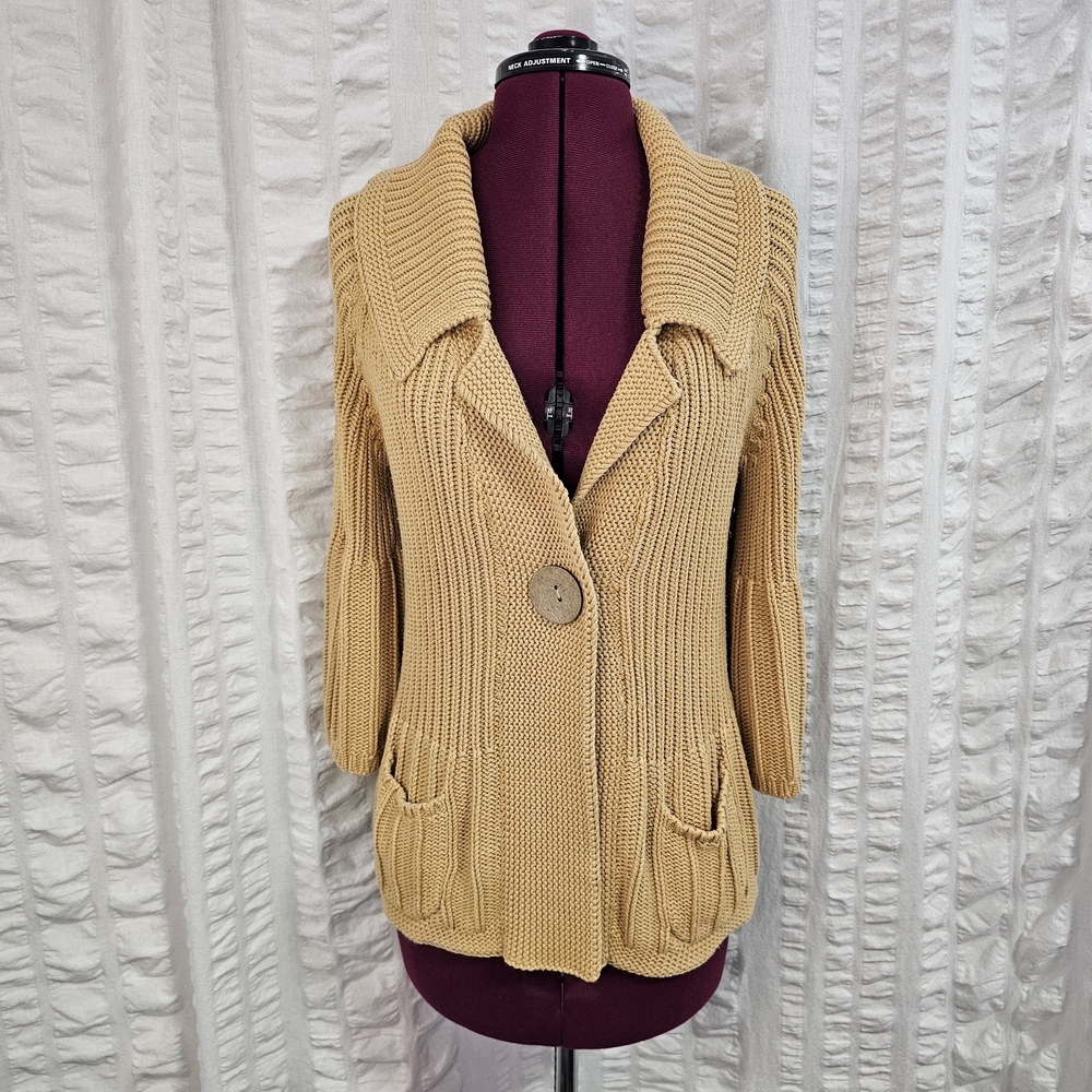 Tribal 100% Cotton Cozy Chunky Camel Knit Cardigan Sweater Wooden Button Closure